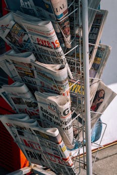 pexels-photo-17846072-17846072 Close-up of a newspaper stand with various publications on a city sidewalk.